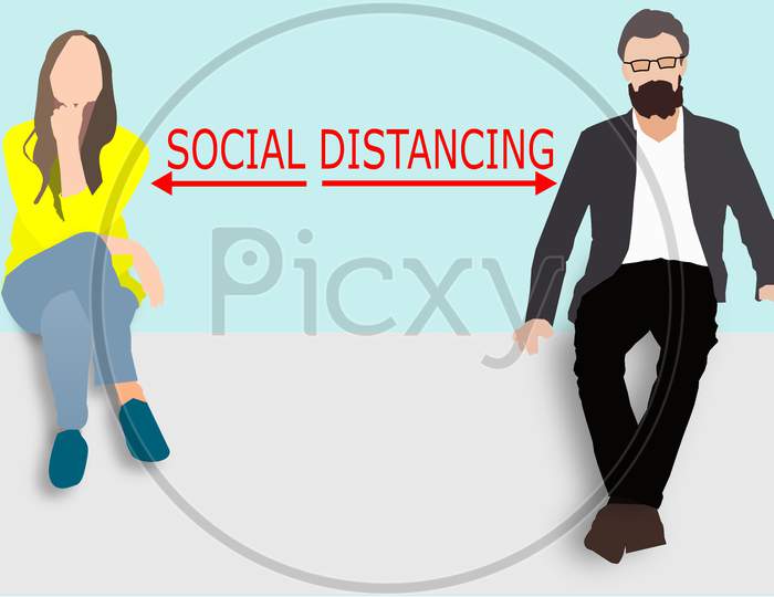 Vector Graphic Of Woman And Man Sitting On Wall, And The Text Social Distancing In Red Color With The Arrows Written In The Center