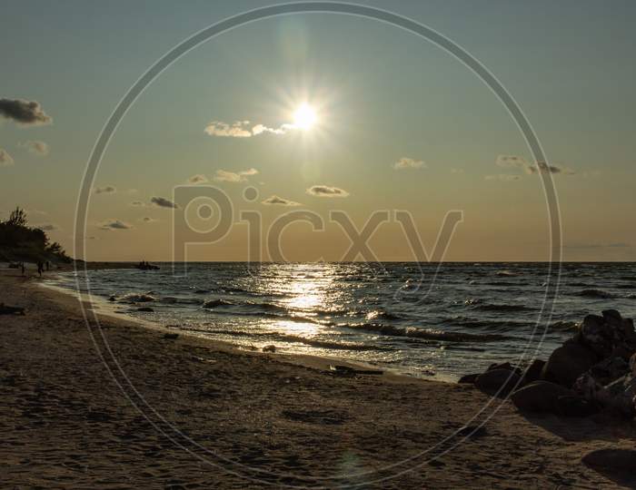 Baltic White Sand Beach At Sunset Time