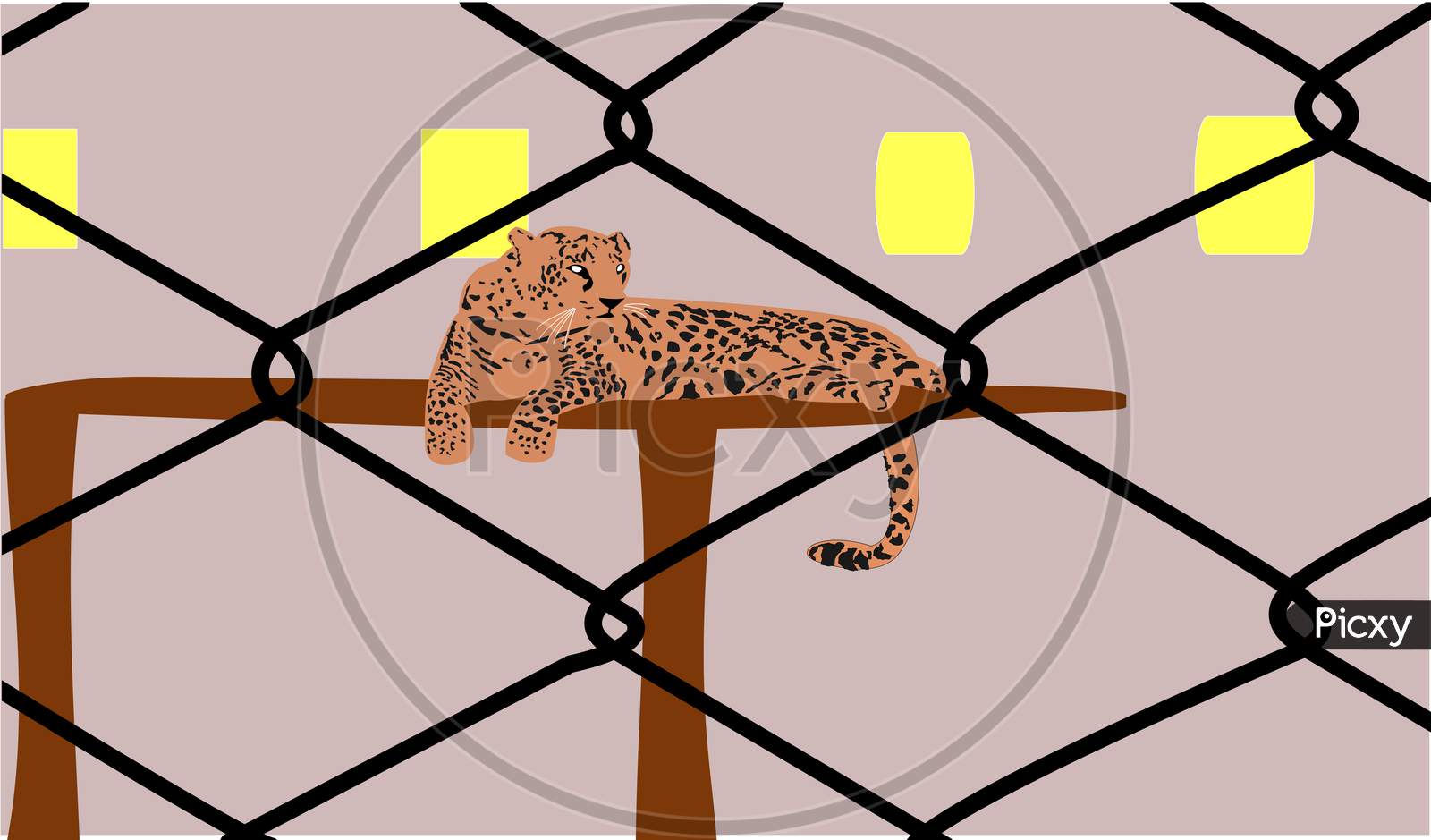 Illustration Graphic Of A Big Cat Sitting On The Wooden Table Inside The Wire Cage.