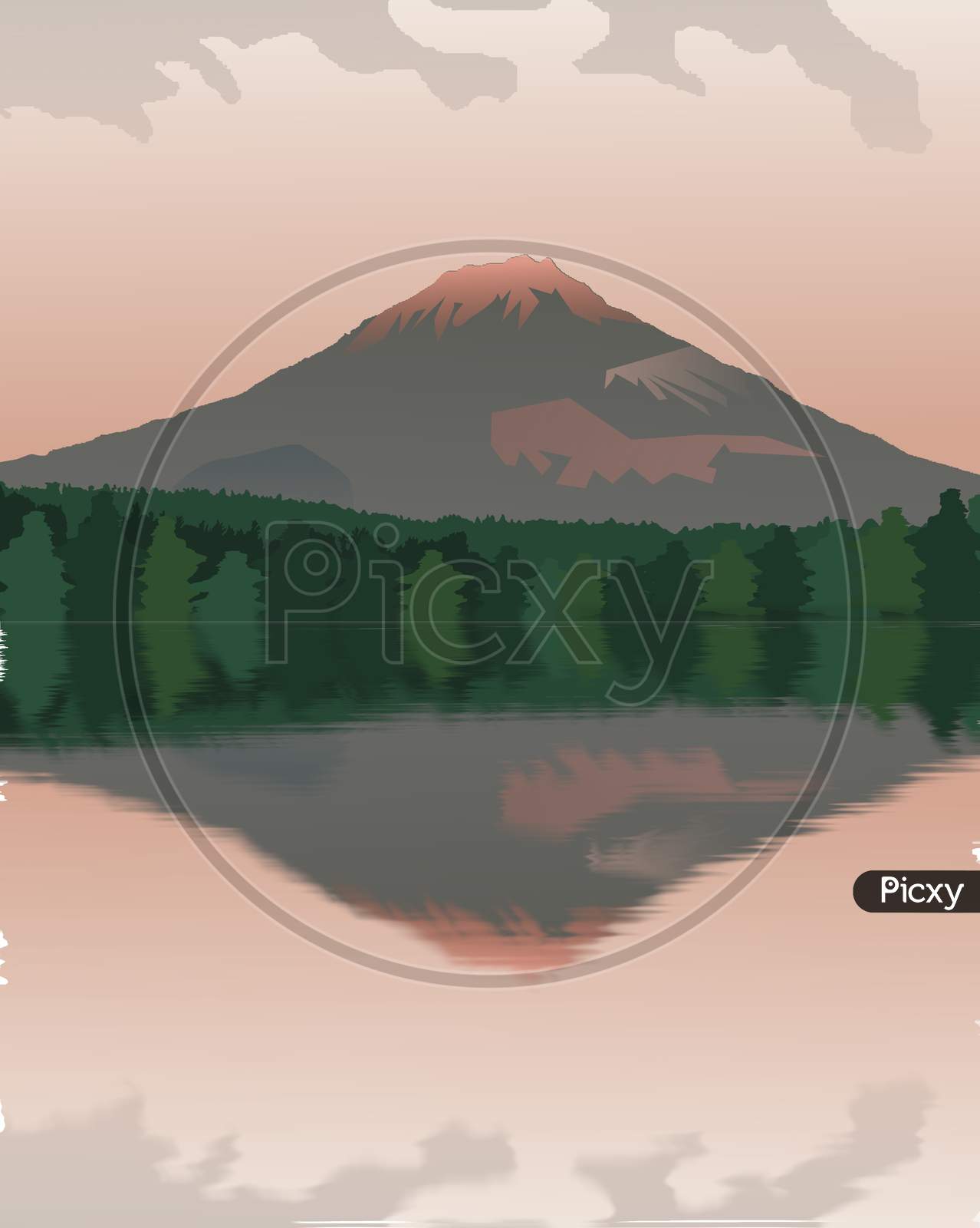 Vector Graphic Of Mountain Landscape Scenery With Lunar Reflection On The Water.