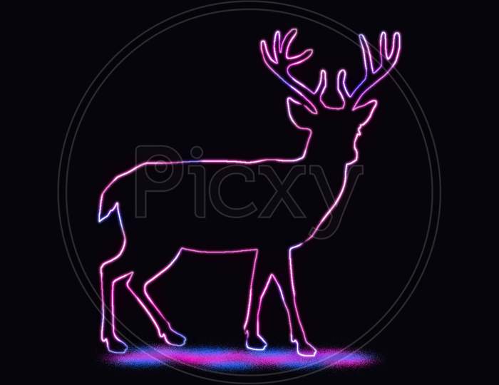 The Beautiful Outline Of Deer, With Neon Lighting. Animal Outline With Neon Light Effect Isolated On Black Background.