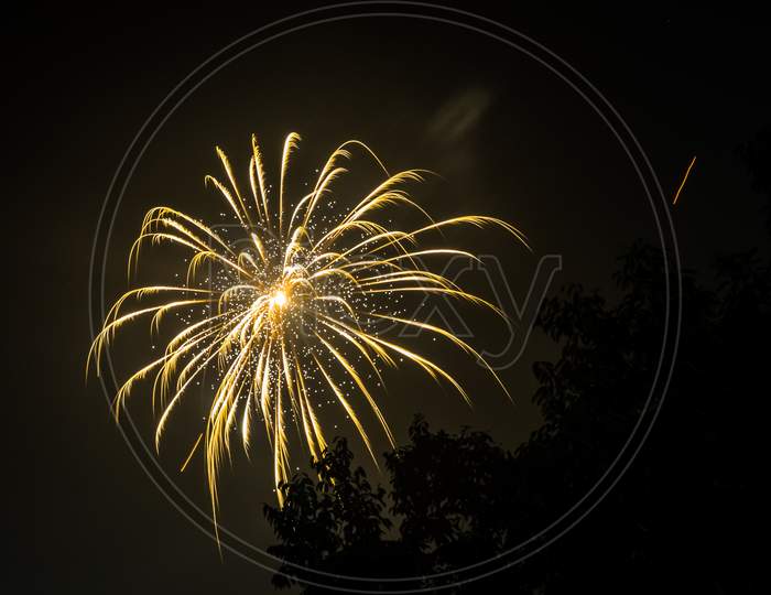 Yellow Fireworks At Night Sky With Visible Trees