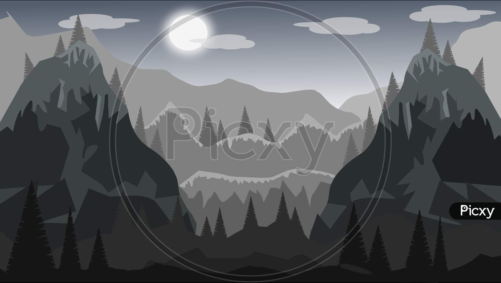 Illustration Graphic Of Night Mountain Landscape Scene With Mountain, Sky, Moon, Cloud And Tree. Night Scenery.