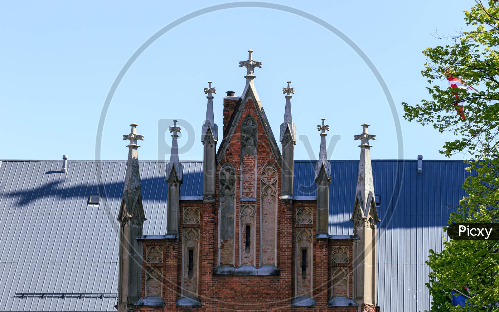 Riga, Latvia- May 29 2020: Gertrude Church, Red Brick Religion Building