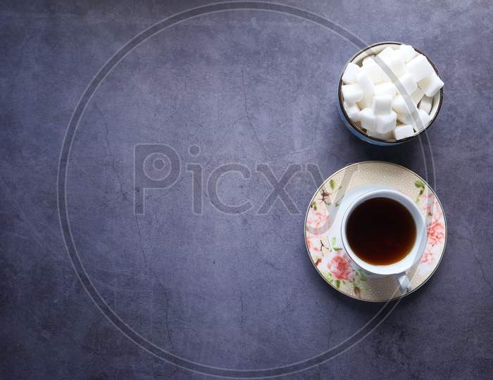 Top View Of Tea And Sugar Cube With Copy Space