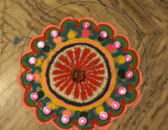 close up of a hand made Rangoli during Diwali festival