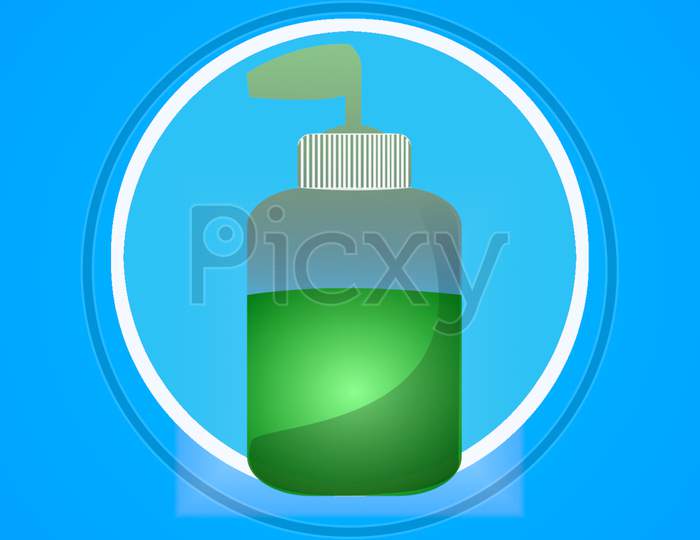 Illustration Graphic Of Bottle Of Green Color Liquid Soap Or Handwash Or Sanitizer With White Ring Isolated On Blue Background.