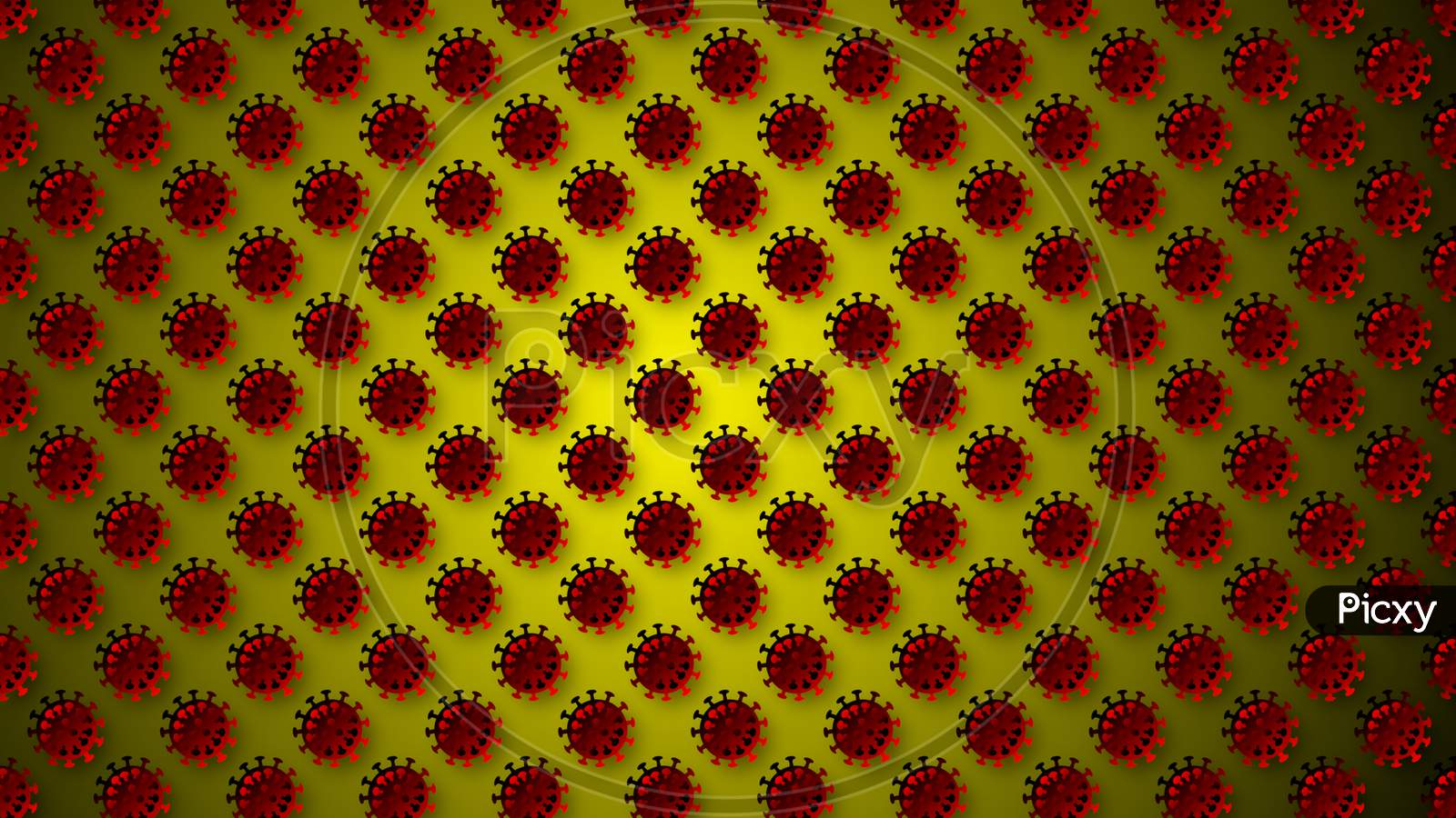 Continuous Repeated Pattern Of Round Shape Coronavirus, Isolated On Yellow Background.
