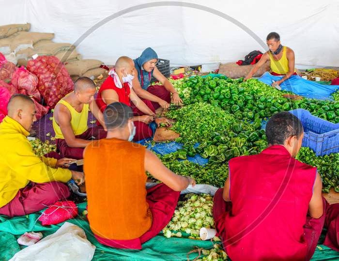 Buddhist Monks cutting Vegetables at Bylakuppe in Karnataka