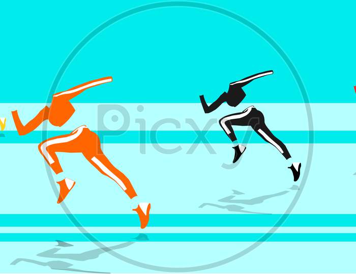 Illustration Graphic Of Body Shape Of Sporty Woman In Fashionable Sportwear Running. Athlete Sprinter Sportswoman Cloth Team Run Marathon Distance Or Sport Jogging Tournament Race On Stadium.