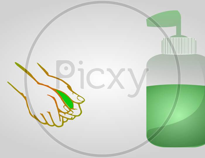 Vector Graphic Of Green Color Liquid Soap Or Handwash Or Sanitizer Bottle With Two Hands Washing Or Sanitizing From The Bottle, Isolated On Blue Background.