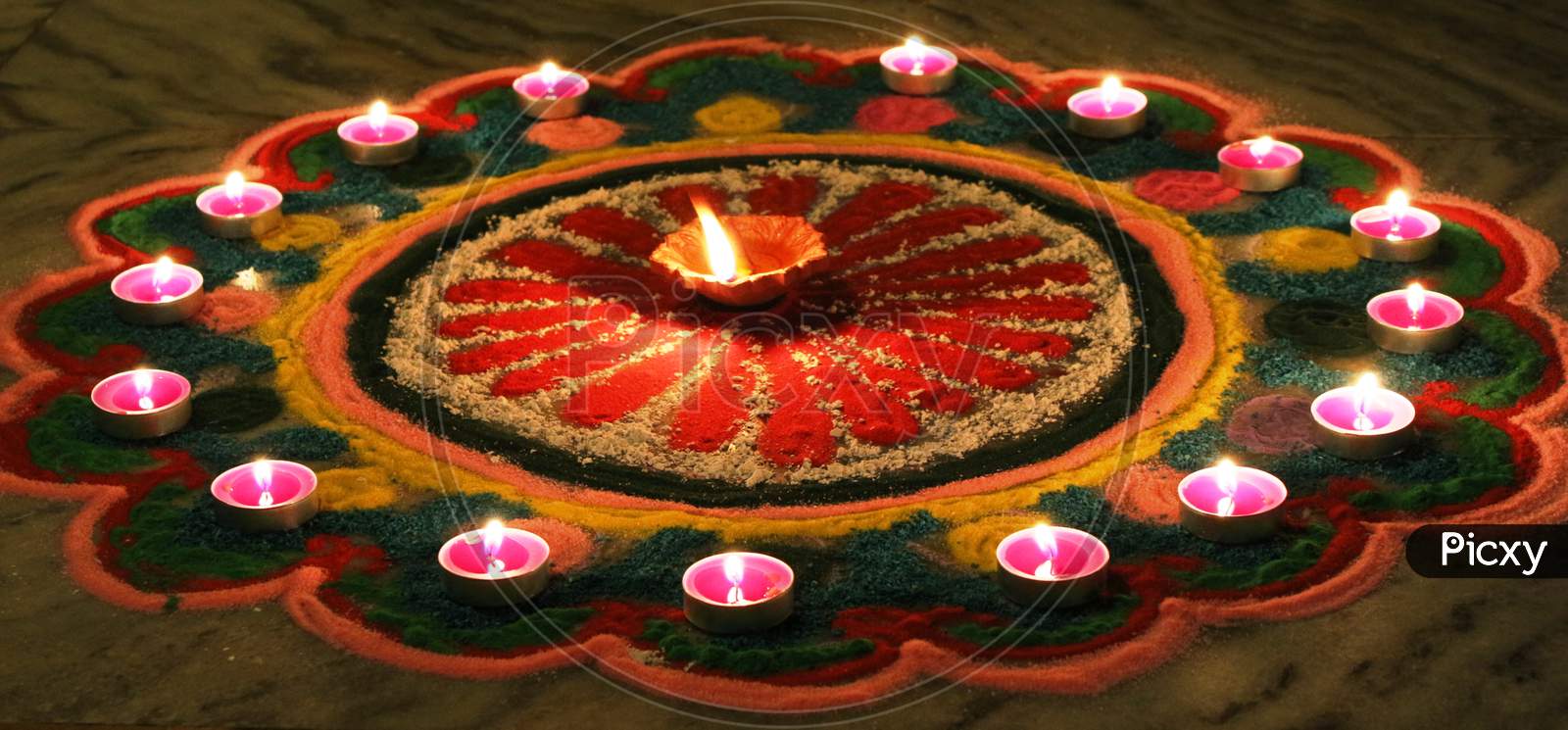 close up of a hand made Rangoli during Diwali festival