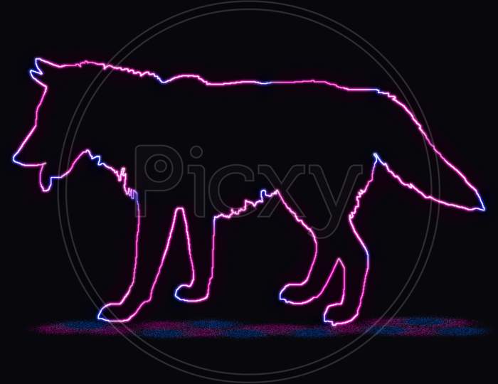 The Beautiful Illustration Graphic Outline Of Dog, With Neon Lighting . Animal Outline With Neon Light Effect Isolated On Black Background.