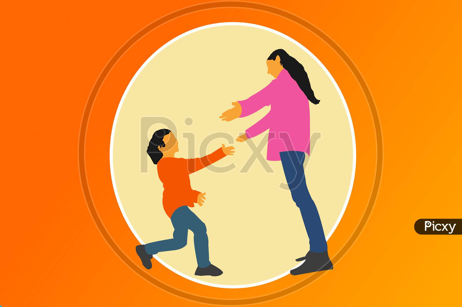 Illustration Graphic Of Child Running Toward His Mother For Getting A Hug From His Mom, For The Occasion Of Mother'S Day. Mother'S Day Concept Media, Isolated On Orange Background.