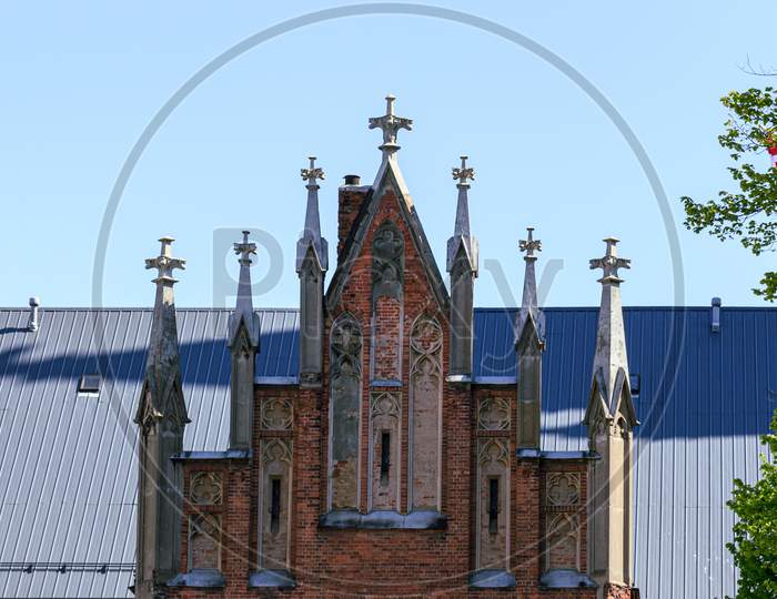 Riga, Latvia- May 29 2020: Gertrude Church, Red Brick Religion Building