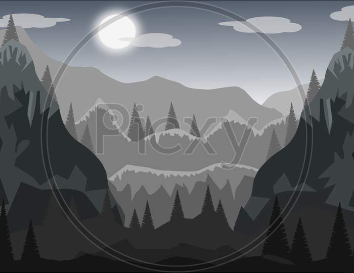 Illustration Graphic Of Night Mountain Landscape Scene With Mountain, Sky, Moon, Cloud And Tree. Night Scenery.