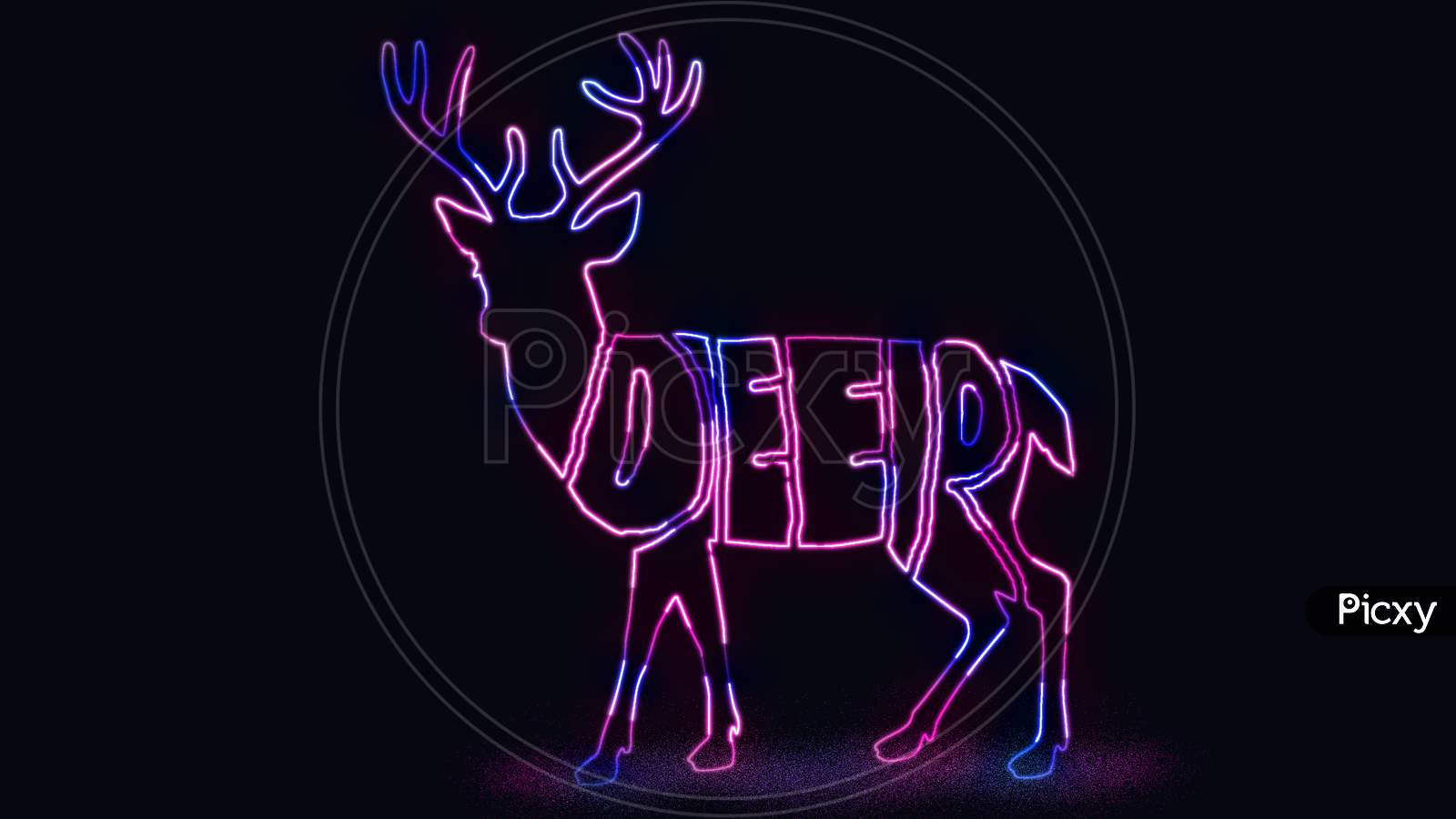 The Text Deer Written In The Shape Of Deer With Neon Light Effect. Animal Text Outline With Neon Light Effect.