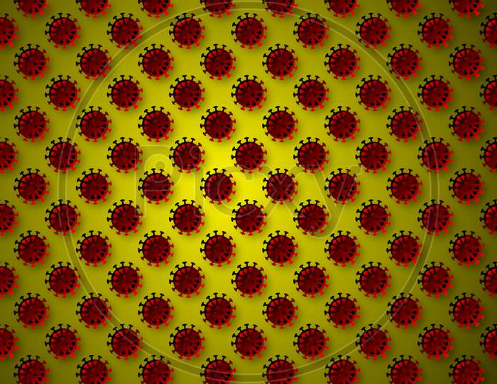 Continuous Repeated Pattern Of Round Shape Coronavirus, Isolated On Yellow Background.