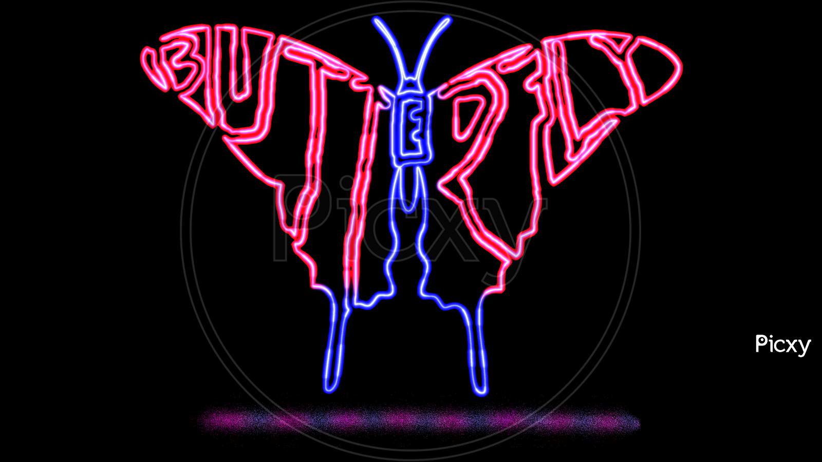 Text Butterfly Is Written In The Shape Of Butterfly With Neon Light Effect. Animal Text Outline With Neon Light Effect.
