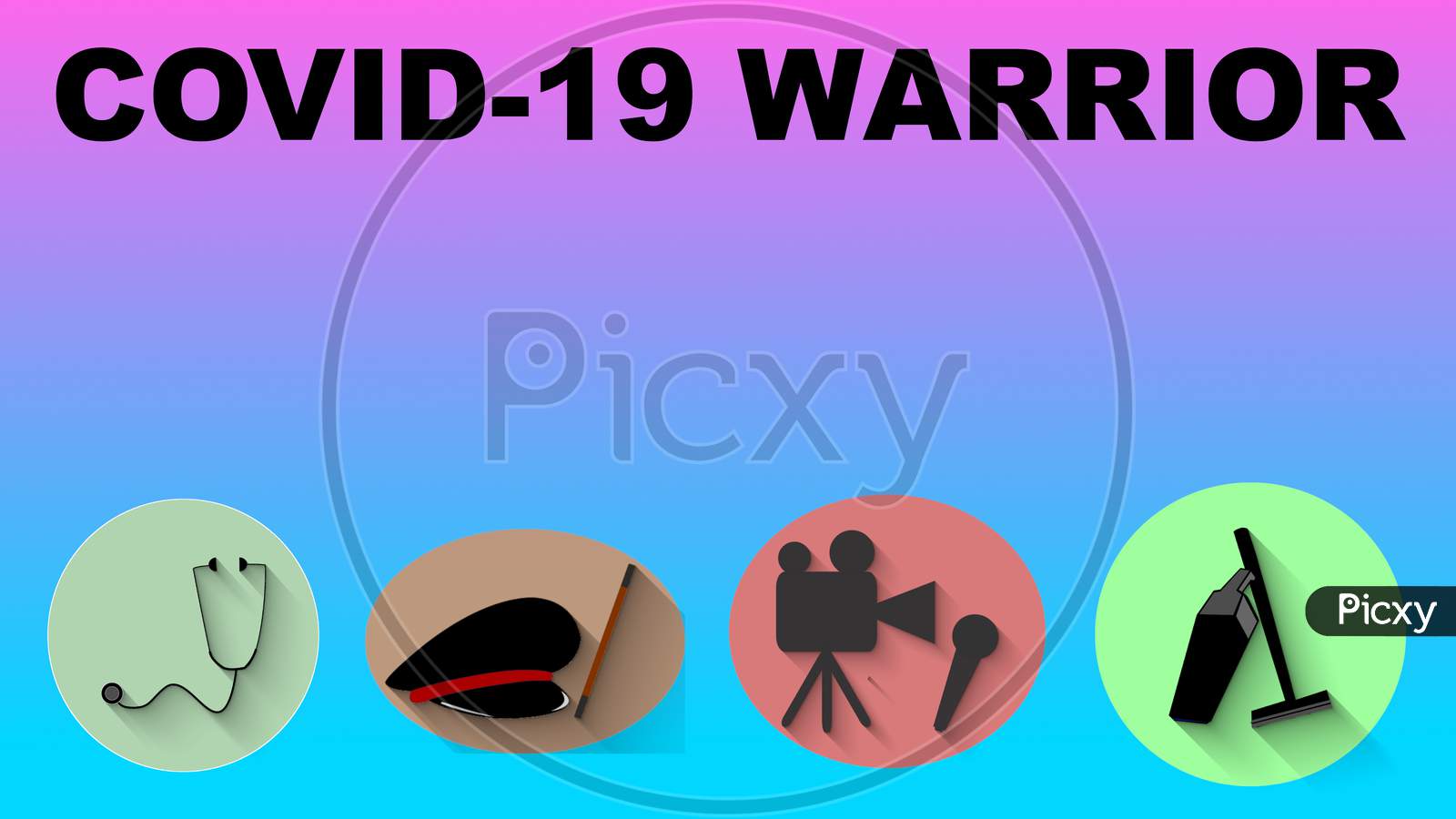 Covid-19 Banner Or Template. Illustration Graphic Of The Word 'Covid-19 Warrior' With The Four Symbol Icon Of Doctor, Police, Media And Cleaners.