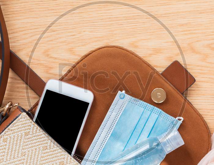 Accessories Of A Handbag Woman In The Summer Of 2020 With The Coronavirus Pandemic