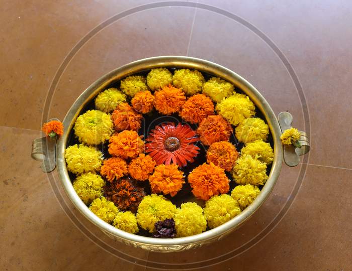 Flower decoration at a Temple in Panji/Goa in India.
