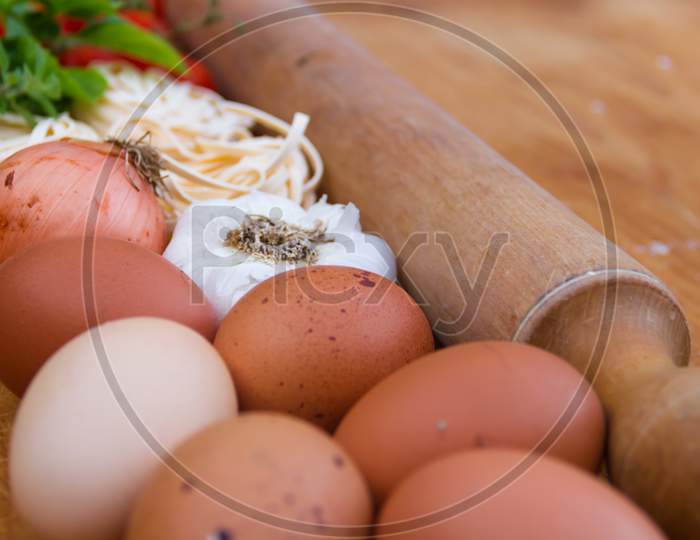 Eggs And Pasta With Cooking Ingredients And Spices
