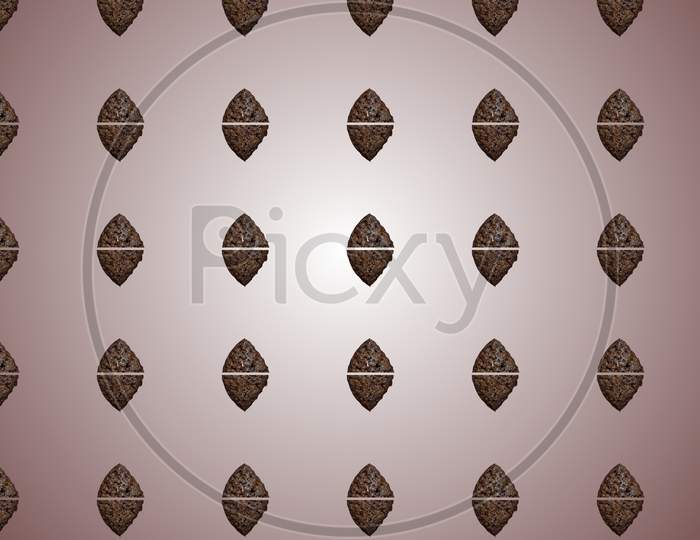 Continuous Repeated Pattern Of Oval Shape Chocolate Cake, Isolated On Brown Background.