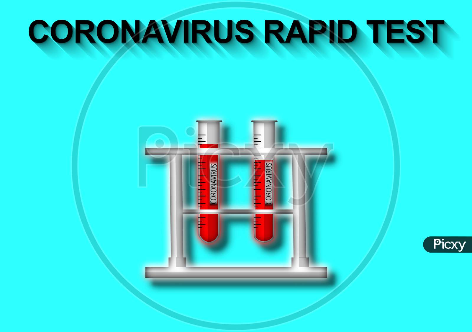 3D Illustration Graphic Of Set Of Glass Tube Test With Blood Sample And The Text 'Coronavirus Rapid Test' Isolated On Blue Background. Blood Sample Icon.