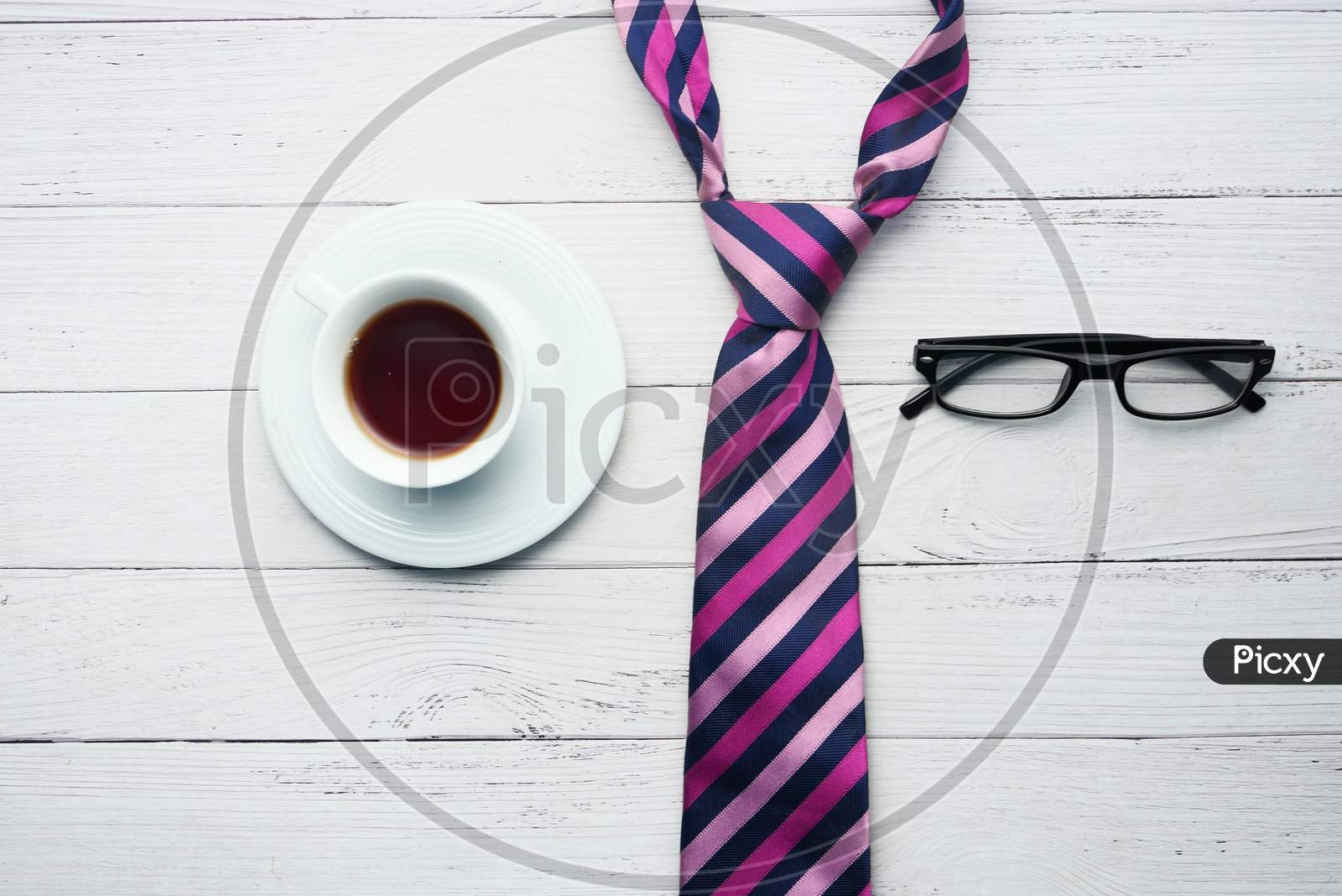 Father'S Day Concept. Men'S Tie, Glasses, Coffee On White Background Top-Down.