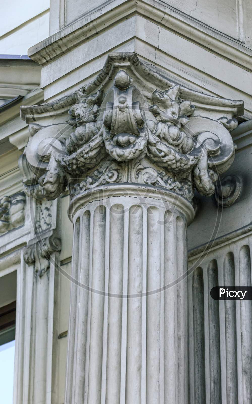 Riga, Latvia- May 29 2020: White Column And Pillar