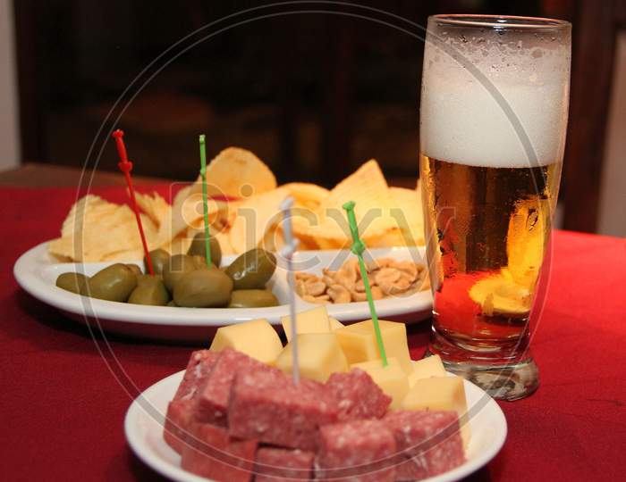 Chopped Table Of Cold Cuts With Beer
