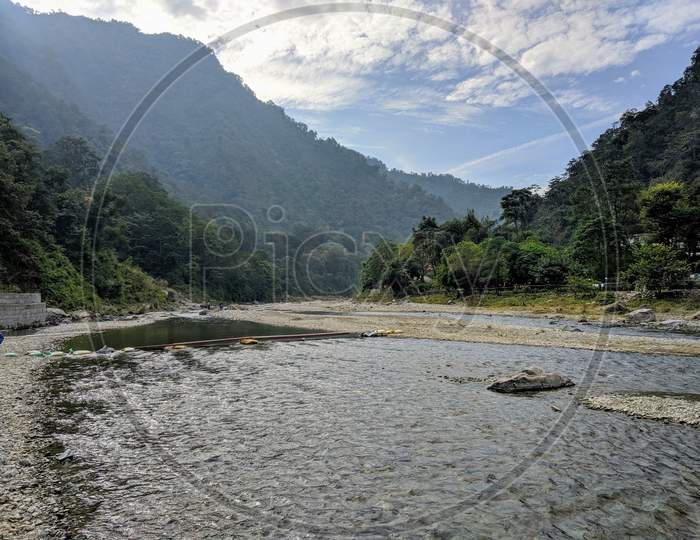 River Flowing through Mountains in Rishikesh