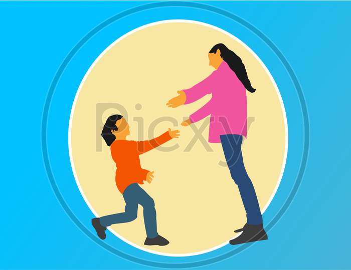 Illustration Graphic Of Child Running Toward His Mother For Getting A Hug From His Mom, For The Occasion Of Mother'S Day. Mother'S Day Concept Media, Isolated On Orange Background.