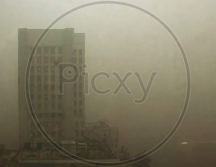 View On A Foggy Afternoon In Connaught Place Area Of  New Delhi