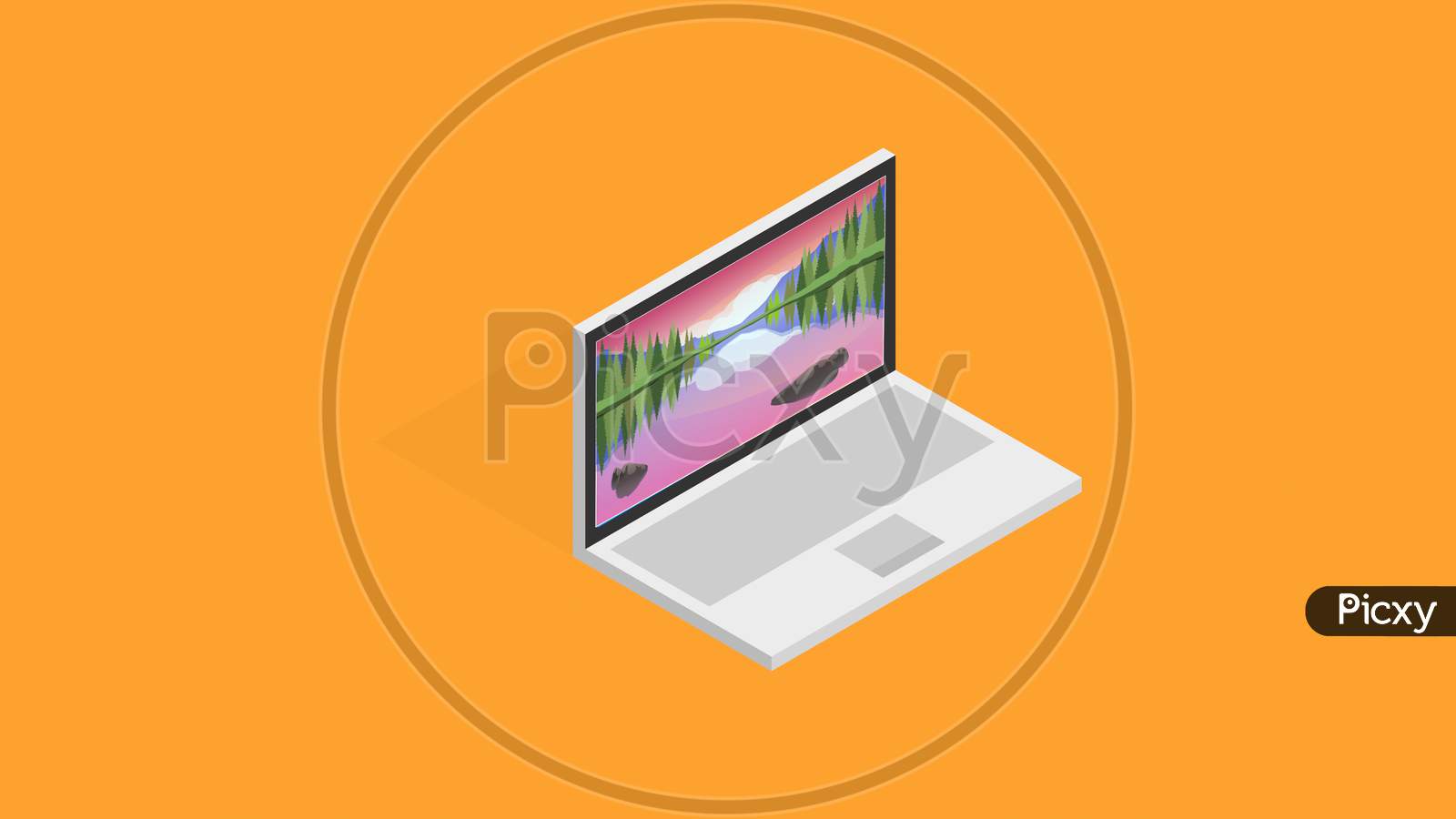3D Illustration Graphic Of A Laptop With Beautiful Landscape Scene On The Display, Isolated On Yellow Background.