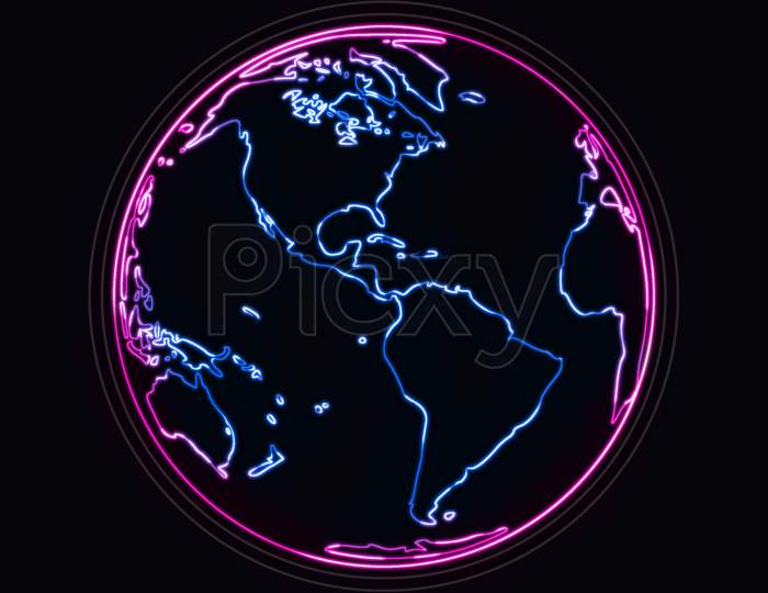 Vector Graphic Of Glowing Neon Sign Of World Earth In Globe Symbol And Greeting Text At The Center, On Dark Black Background. Earth Neon Banner.