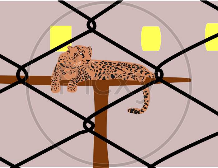Illustration Graphic Of A Big Cat Sitting On The Wooden Table Inside The Wire Cage.