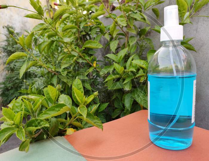 Closeup of a sanitizer with plant background