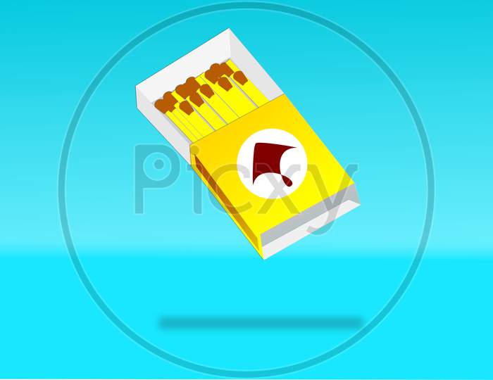 3D Illustration Graphic Of A Matchbox With Match Stick Template Isolated On Blue Background. Isometric Graphic Of A Matchbox.