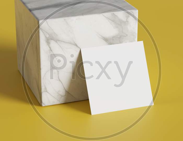 White Square Shape Paper Mockup On Yellow Gold Isolated Background With Marble Stone Cube. Branding Presentation Template Print. 3D Illustration Rendering