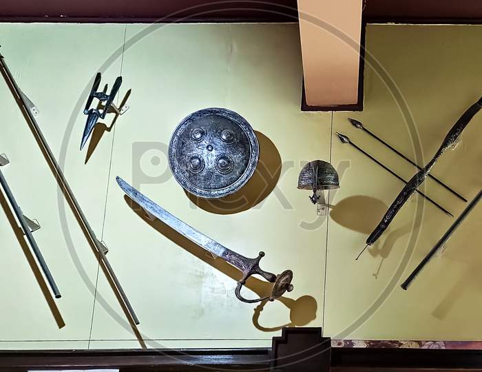 Ancient weapons of 17 century,ludhiana,india on 16 August 2019:rifle and sword,Maharaja Ranjit Singh War Museum established 1999.