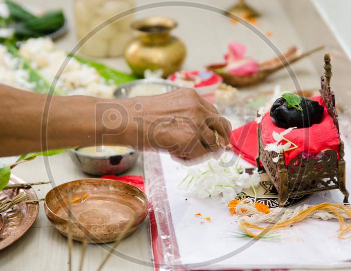 Conch kept in plate during a ritual of rice ceremony in India
