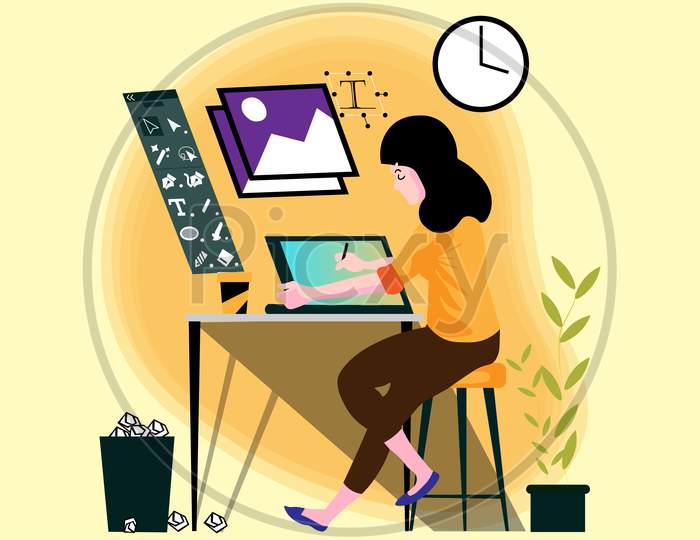 A vector illustration artwork of a girl working on her drawing sheet