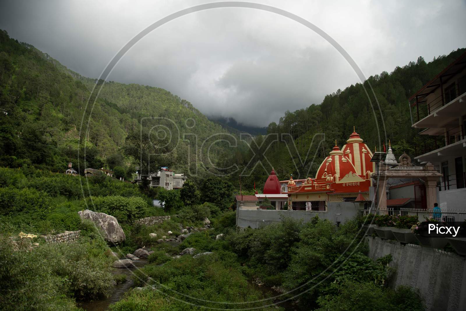 Hills, temple, nature and clouds