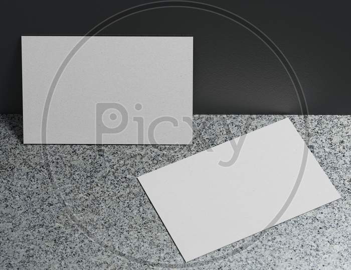White Business Card Paper Mockup Template With Blank Space Cover For Insert Company Logo Or Personal Identity On Marble Floor Background. Modern Concept. 3D Illustration Render