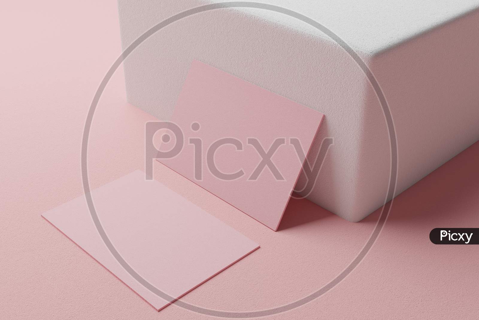 Pink Pastel Business Card Paper Mockup Template With Blank Space Cover For Insert Company Logo Or Personal Identity On Cardboard Background. Modern Style Stationery Concept. 3D Illustration Render