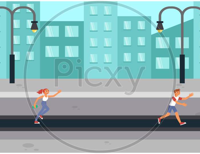Girl And Boy Running On The Road