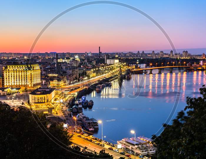 Cityscape Of Kiev With The Dnieper At Sunset. Ukraine