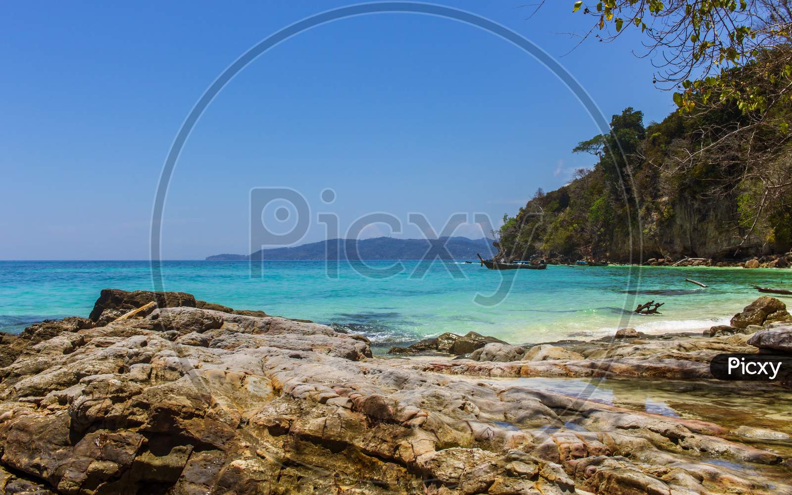 Phi Phi Island, Thailand- April 4 2019:  Beauty Beach, Clear Blue Water